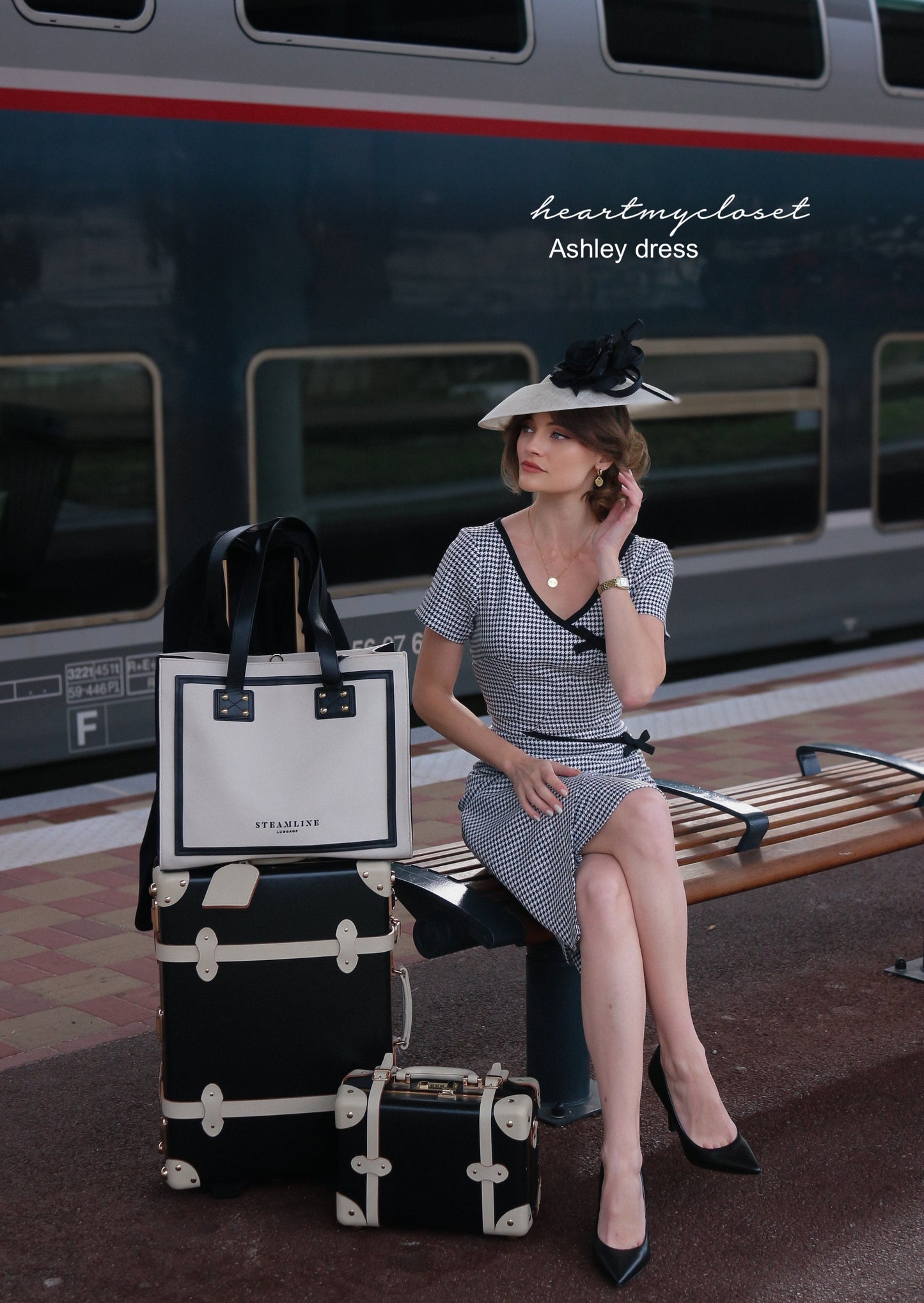 Ashley Houndstooth- retro vintage bow dress pencil