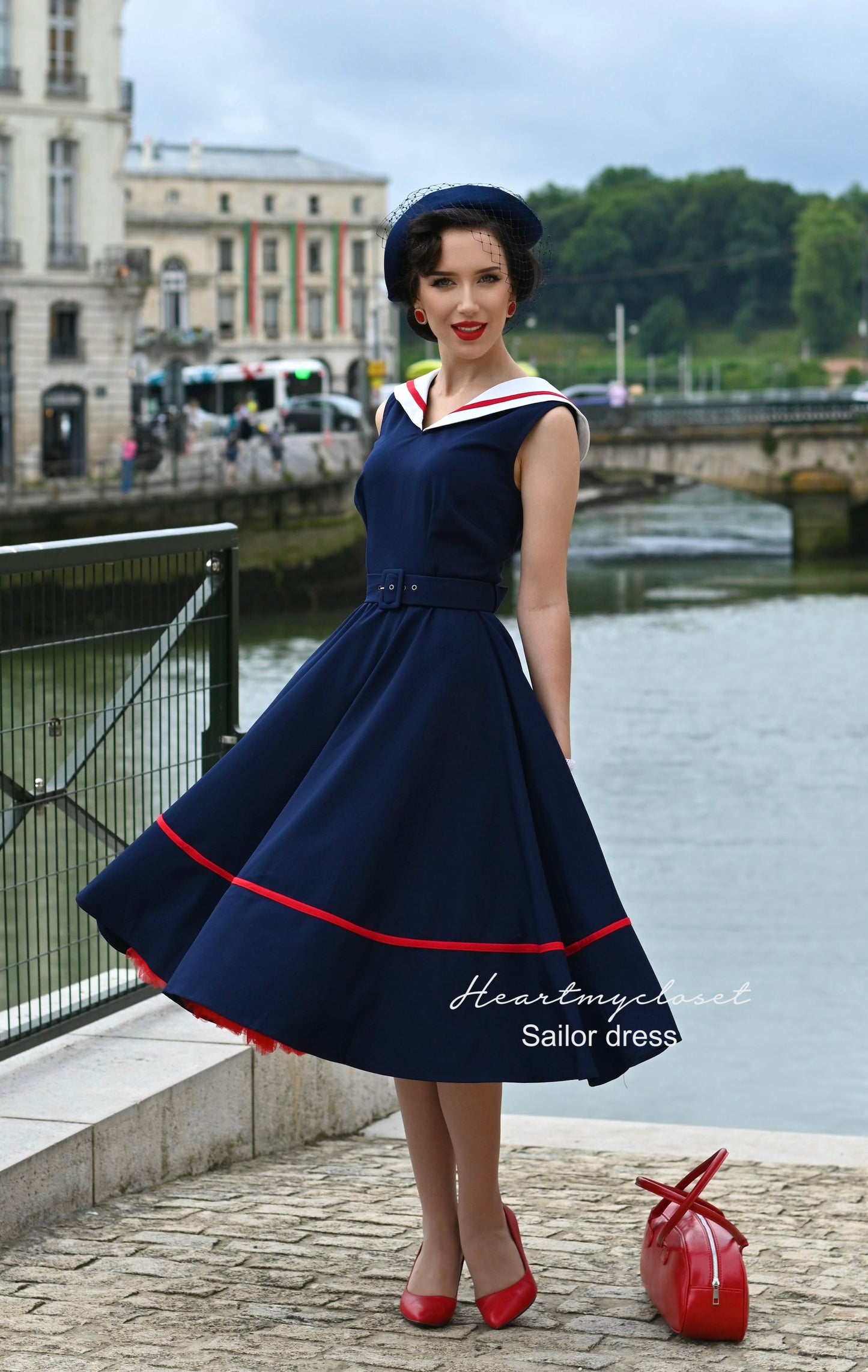 Sailor navy swing dress - 1950s inspired vintage