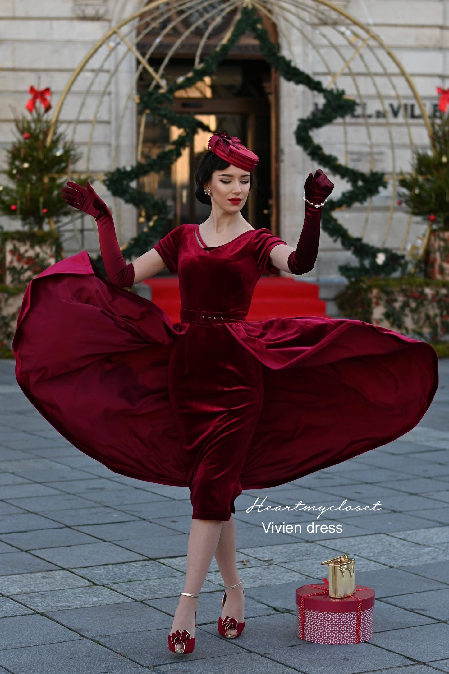 Vivien red velvet pencil dress + removable skirt wrap