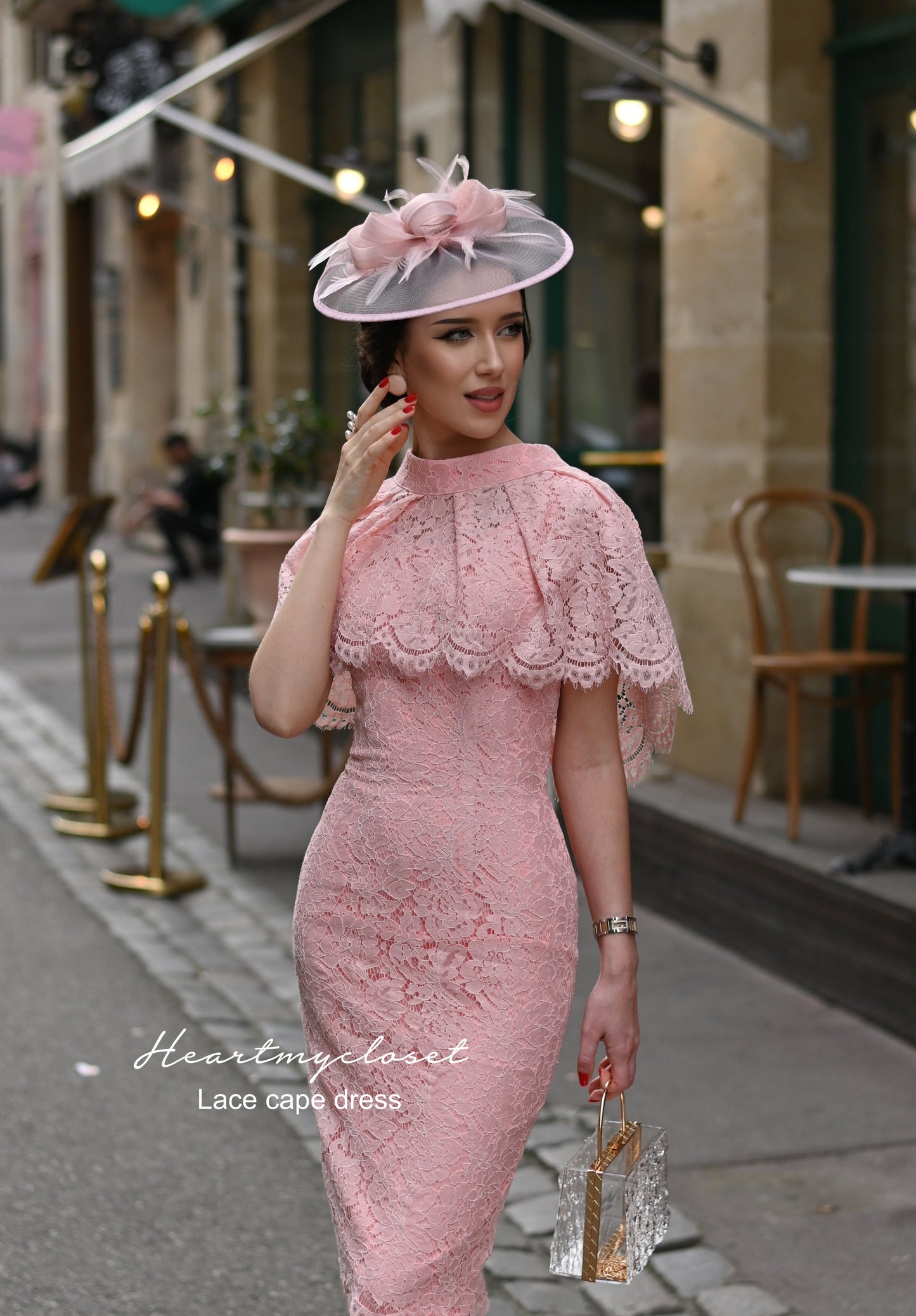Pink Lace Cape + dress - 50s 60s lace pencil dress with matching cape