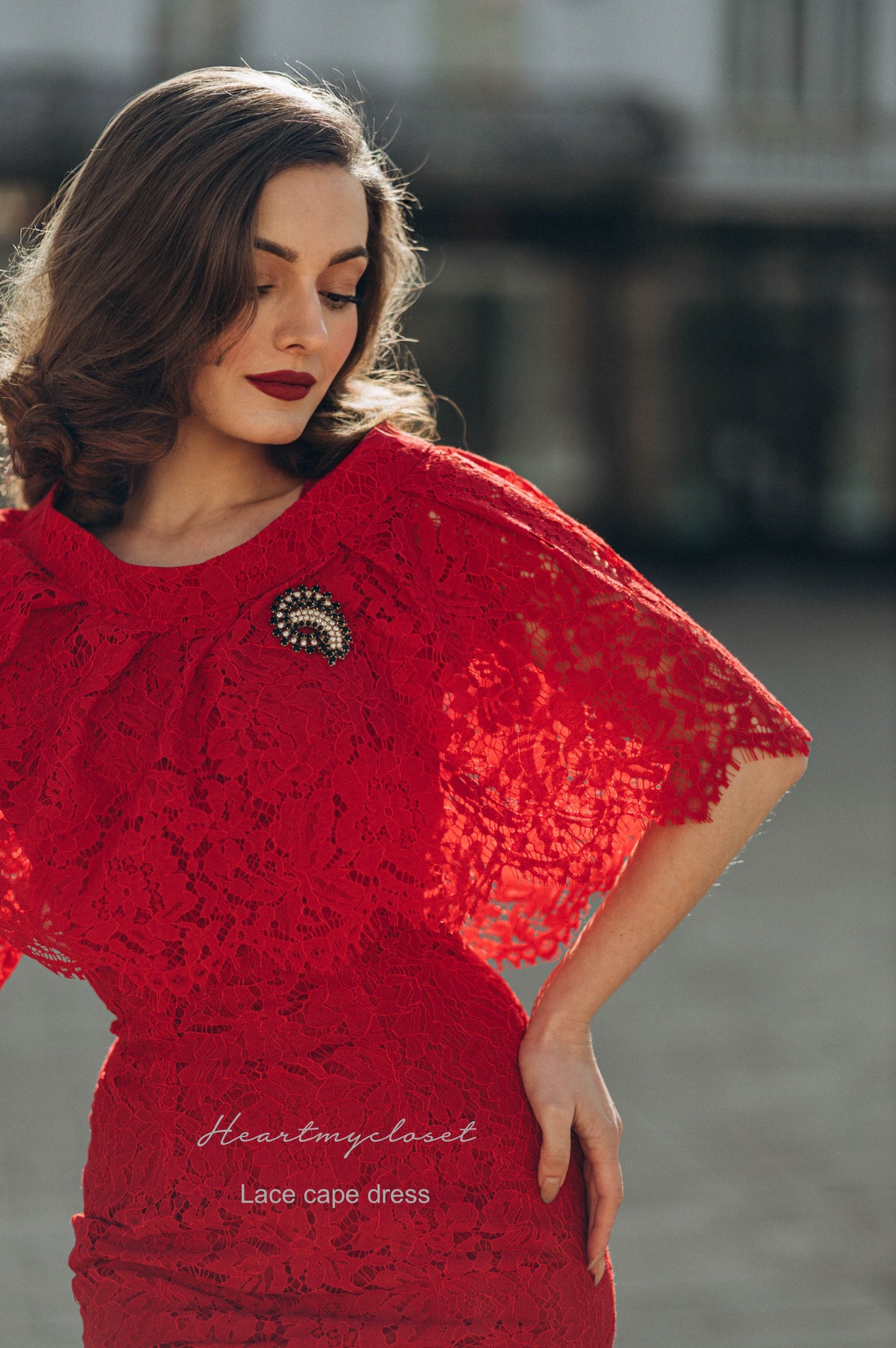 Red Lace Cape + dress - 50s 60s lace pencil dress with matching cape