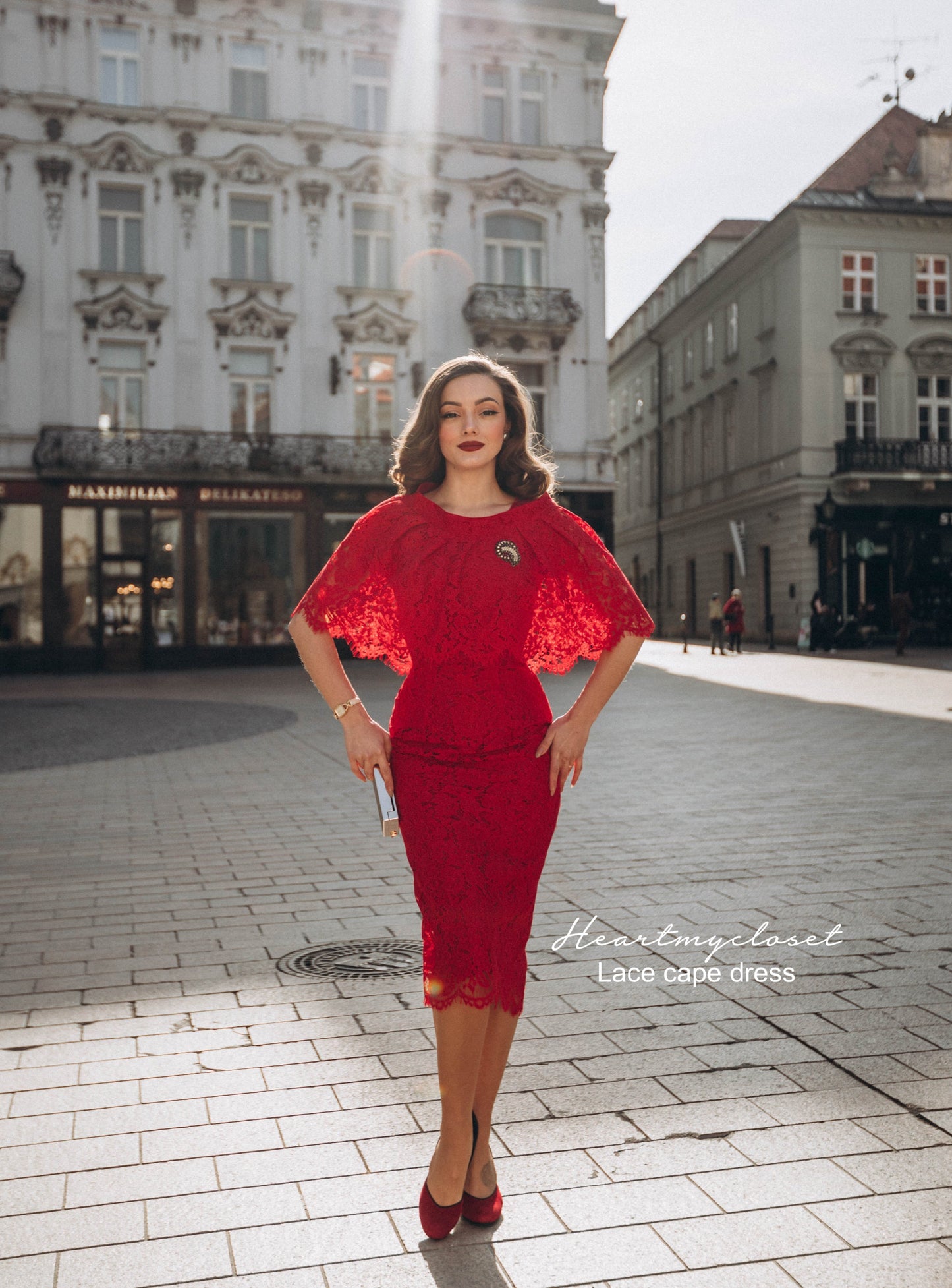 Red Lace Cape + dress - 50s 60s lace pencil dress with matching cape