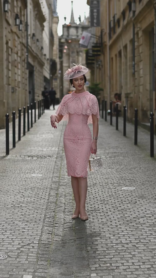 Pink Lace Cape + dress - 50s 60s lace pencil dress with matching cape