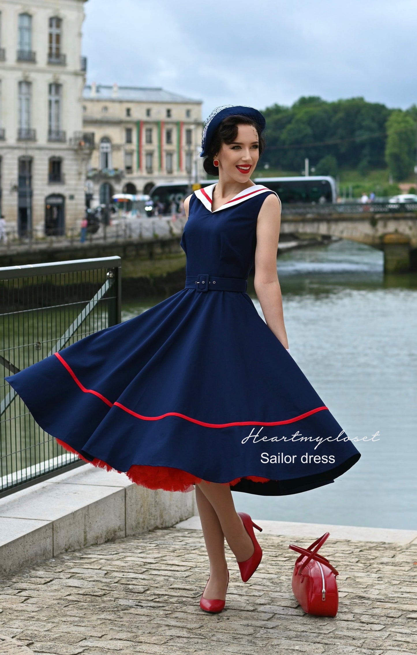Sailor navy swing dress - 1950s inspired vintage