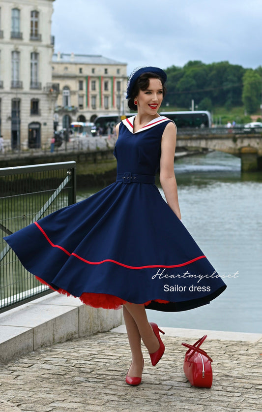 Sailor navy swing dress - 1950s inspired vintage