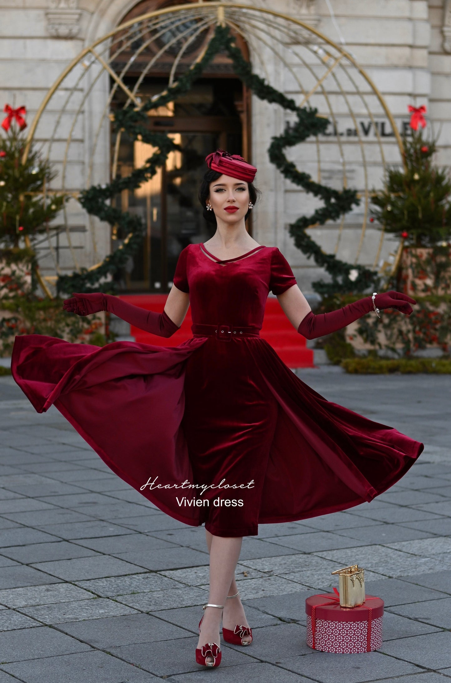 Vivien red velvet pencil dress + removable skirt wrap