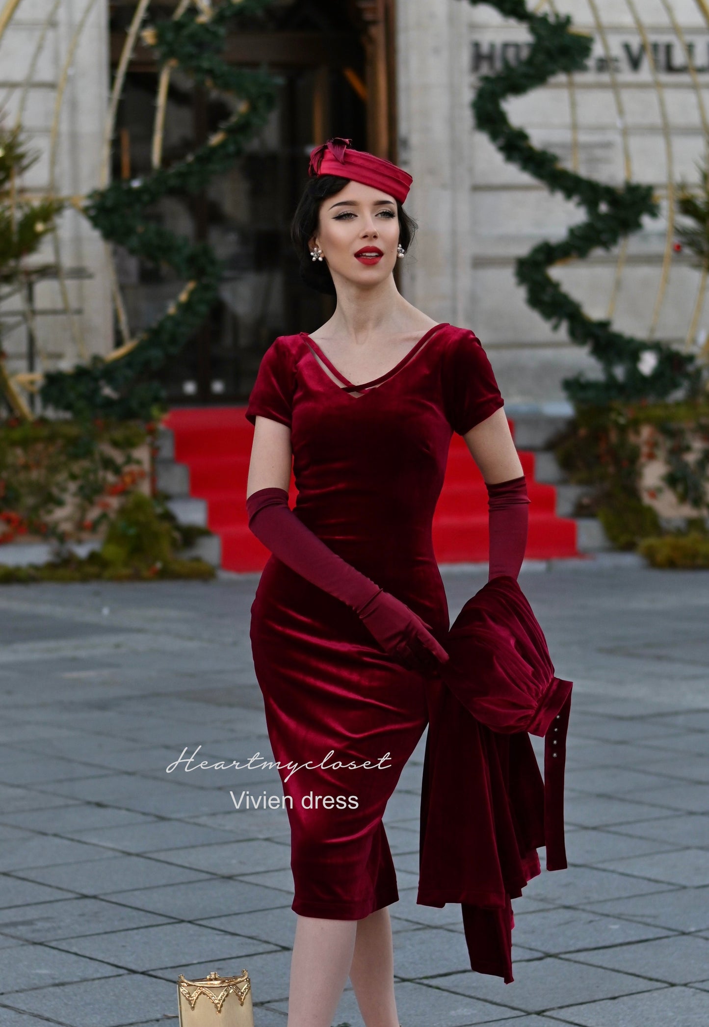 Vivien red velvet pencil dress + removable skirt wrap