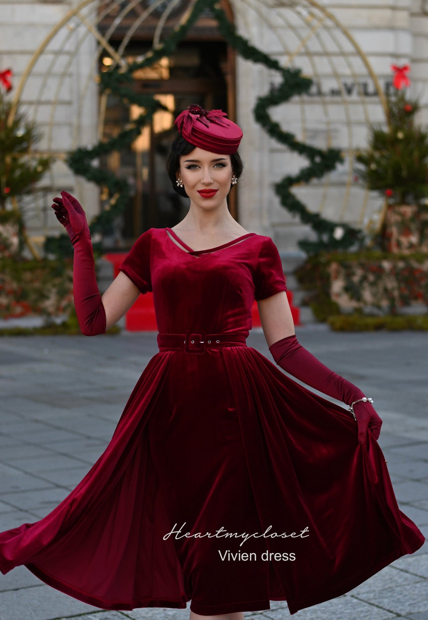 Vivien red velvet pencil dress + removable skirt wrap