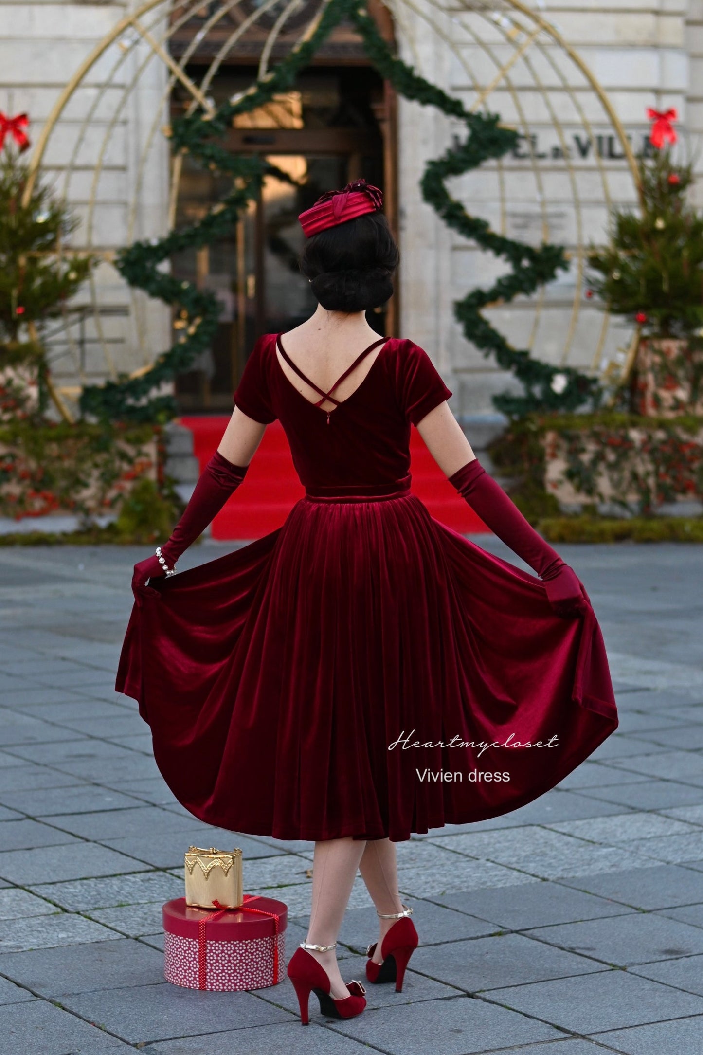 Vivien red velvet pencil dress + removable skirt wrap