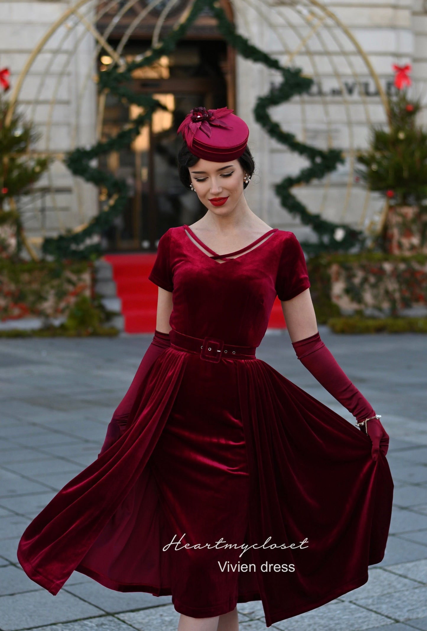 Vivien red velvet pencil dress + removable skirt wrap