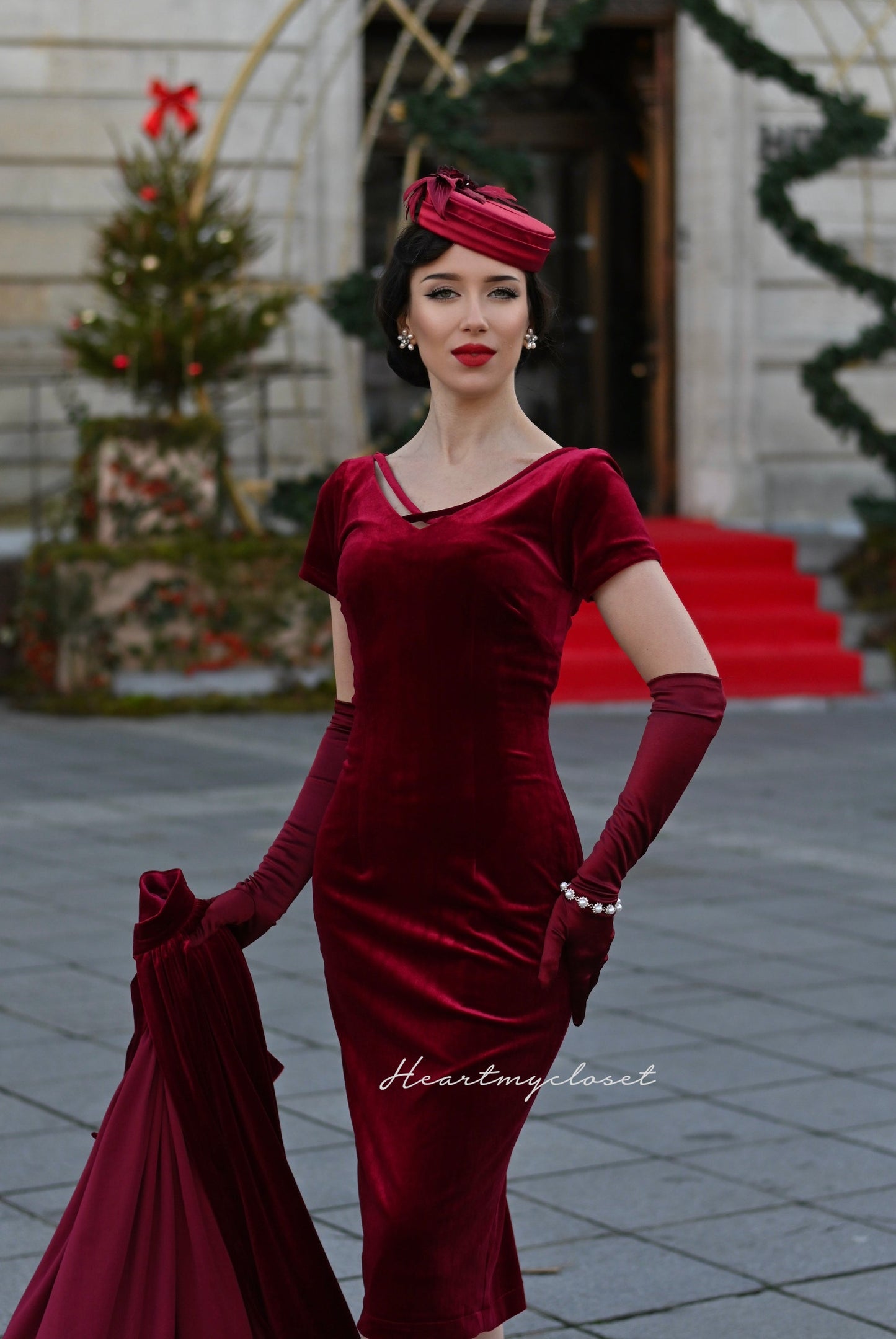 Vivien red velvet pencil dress + removable skirt wrap